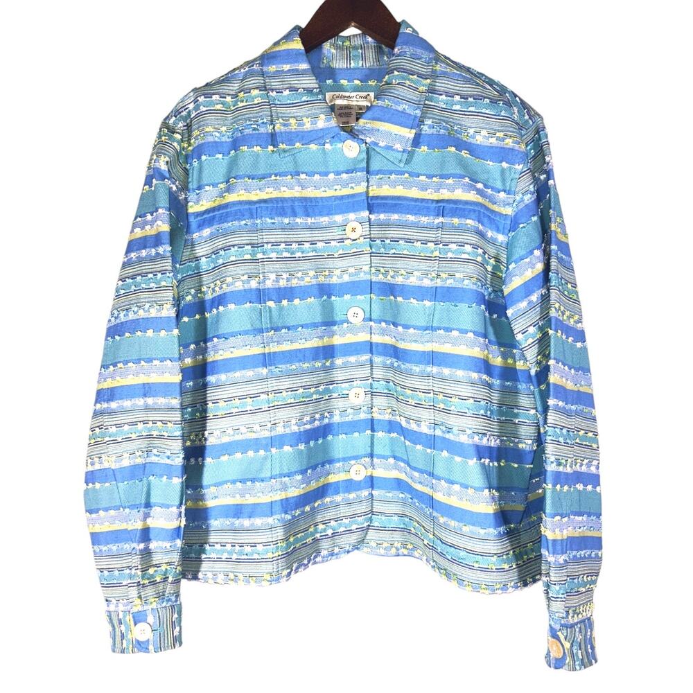 Coldwater Creek Button Front Unlined Blue & Yellow Striped Jacket XL